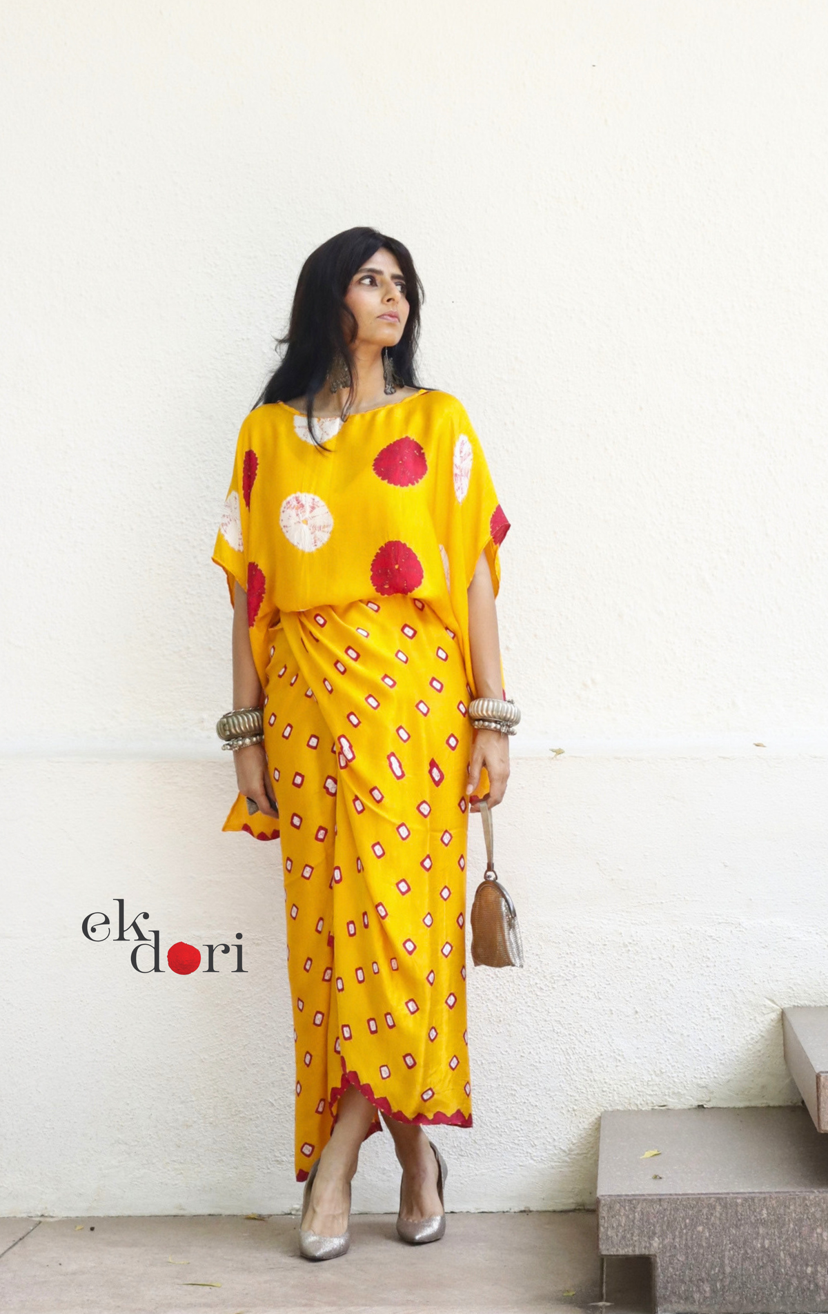 Bandhani Modal Co-ord Skirt Set 'Haldi Kumkum' : 2 Piece Skirt &amp; Bandhani Top Set