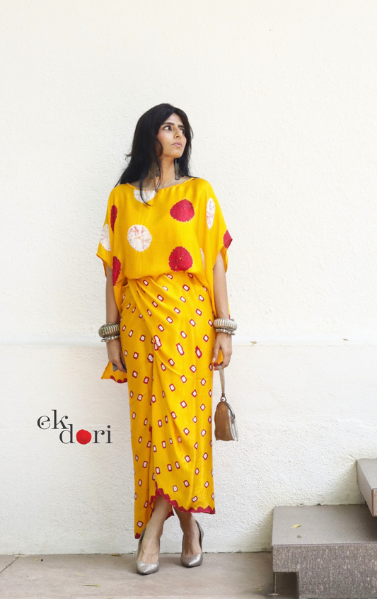 Bandhani Modal Co-ord Skirt Set 'Haldi Kumkum' : 2 Piece Skirt &amp; Bandhani Top Set
