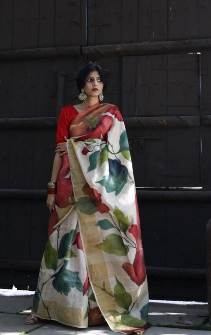 Buy Designer Silk Saree Online : 'Madhu Malti' Handpainted Silk Saree
