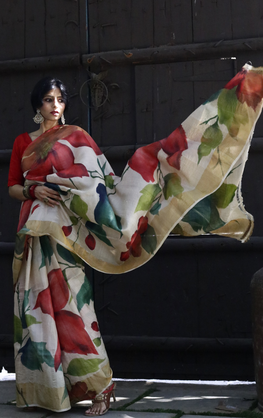 Buy Designer Silk Saree Online : 'Madhu Malti' Handpainted Silk Saree