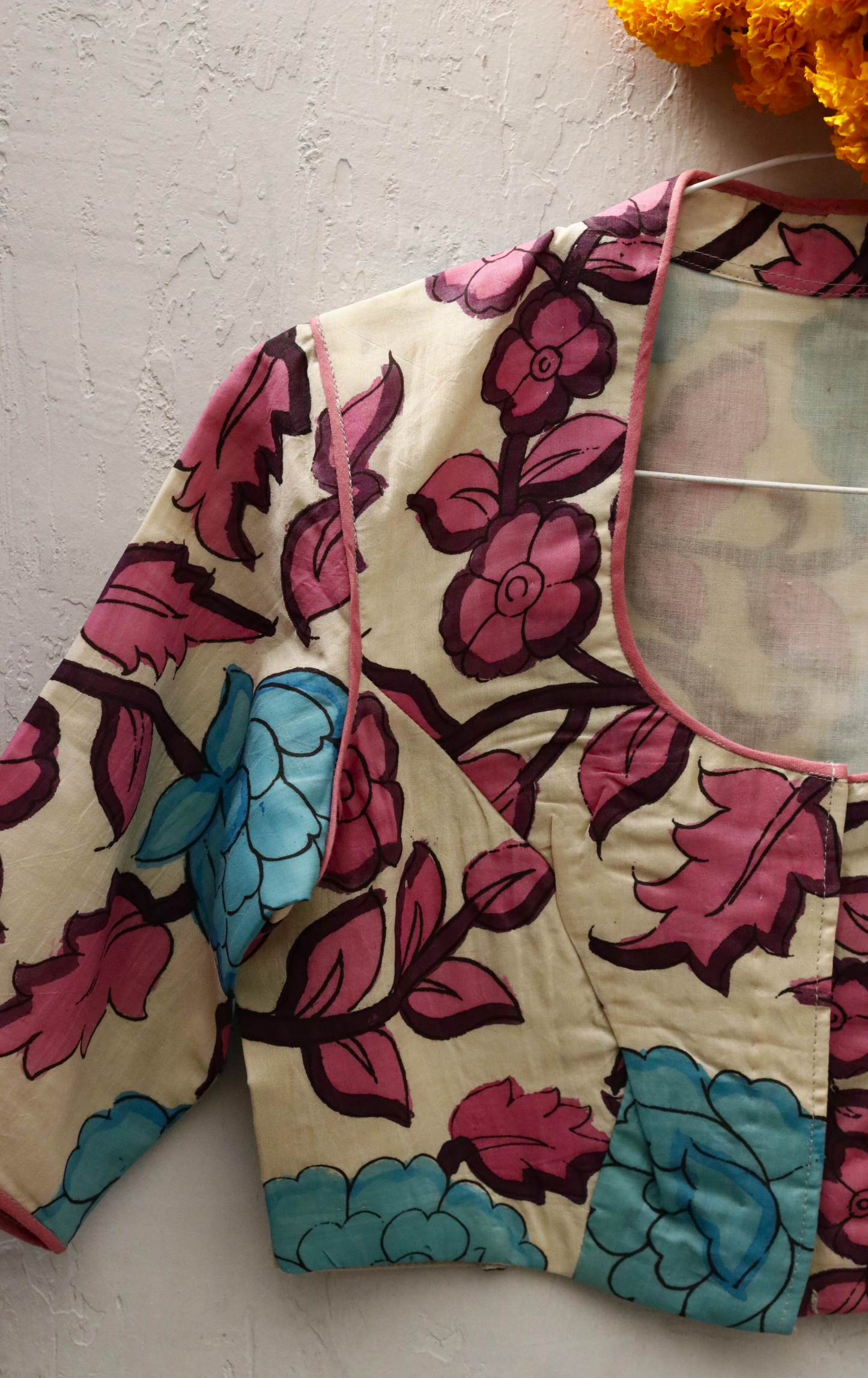 Pink Lotus Pen Kalamkari Silk Saree Blouse : Buy Kalamkari Silk Blouse