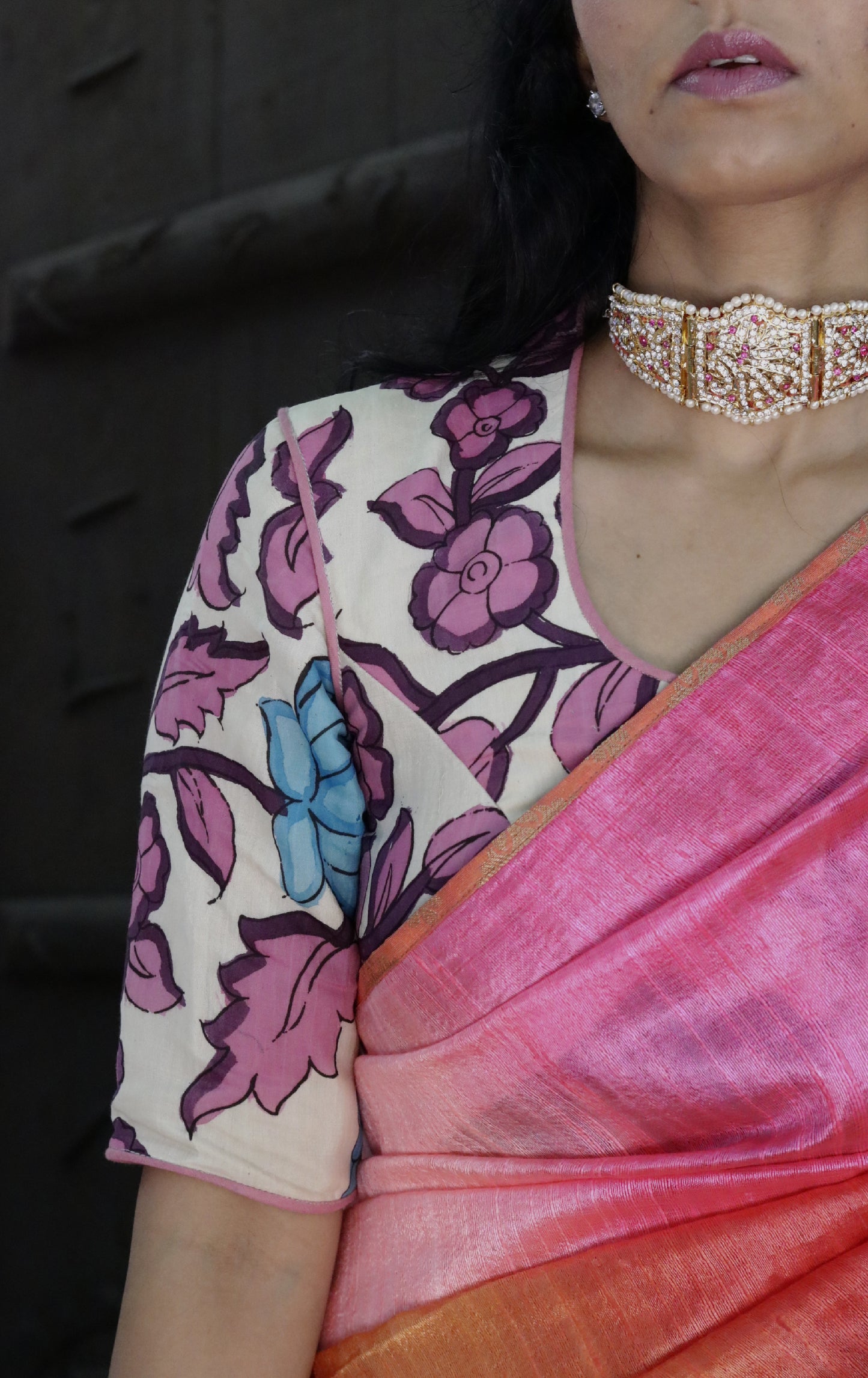 Pink Lotus Pen Kalamkari Silk Saree Blouse : Buy Kalamkari Silk Blouse