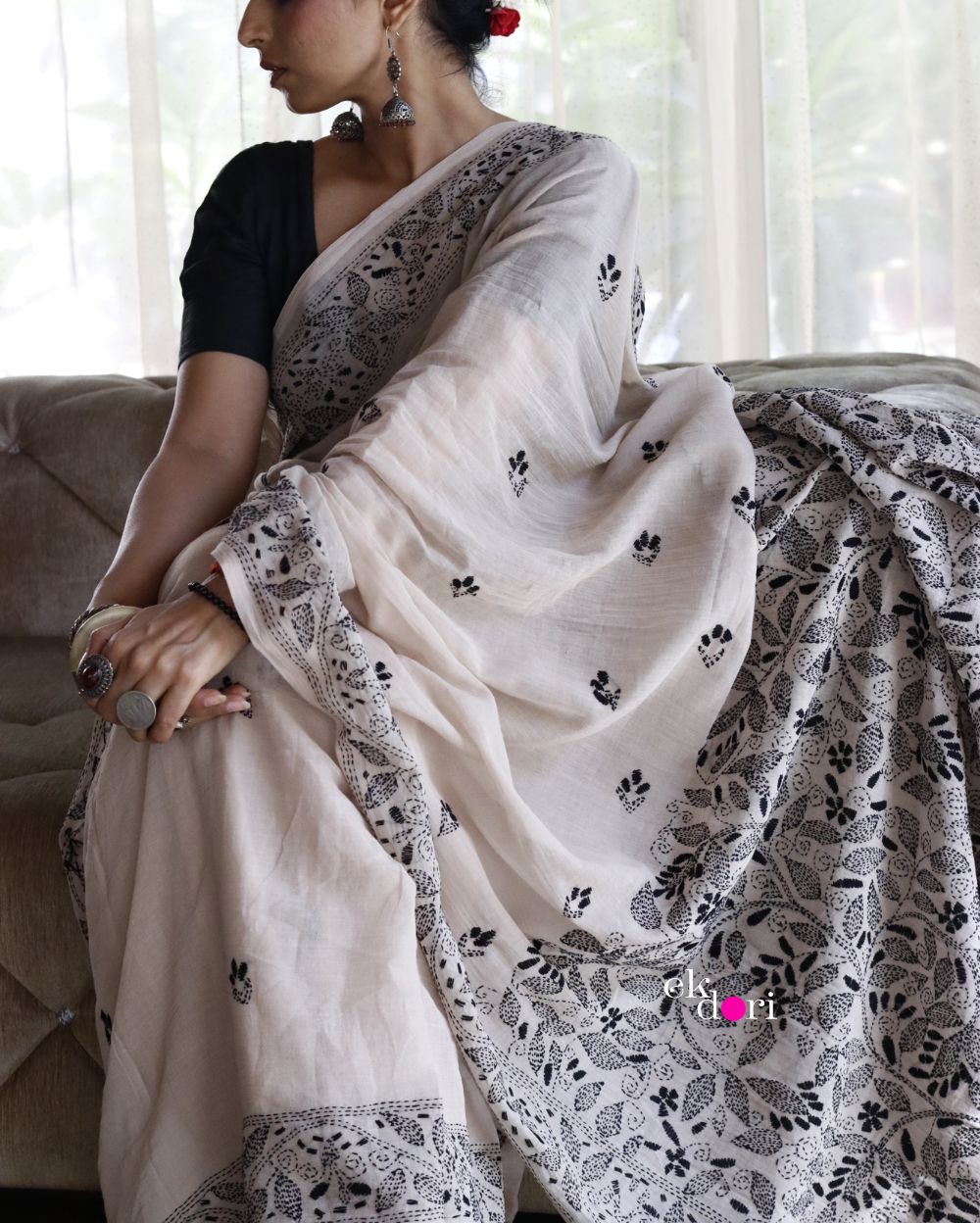 Buy Kantha Stitch Cotton Saree : Beige Beauty Kantha Mul Cotton Saree
