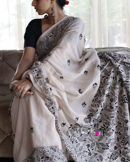 Buy Kantha Stitch Cotton Saree : Beige Beauty Kantha Mul Cotton Saree
