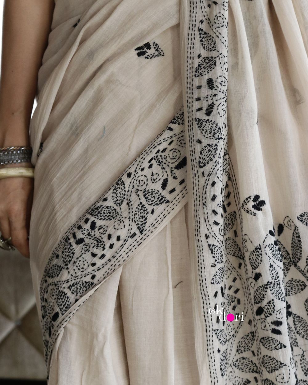 Buy Kantha Stitch Cotton Saree : Beige Beauty Kantha Mul Cotton Saree