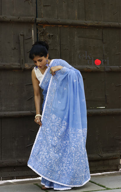 Mul Cotton Kantha Designer Saree Online : 'Neelambari' Summer Cotton Kantha Embroidered Saree