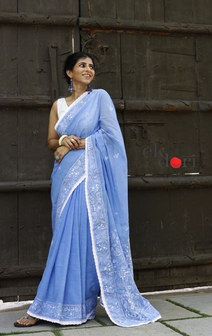 Mul Cotton Kantha Designer Saree Online : 'Neelambari' Summer Cotton Kantha Embroidered Saree