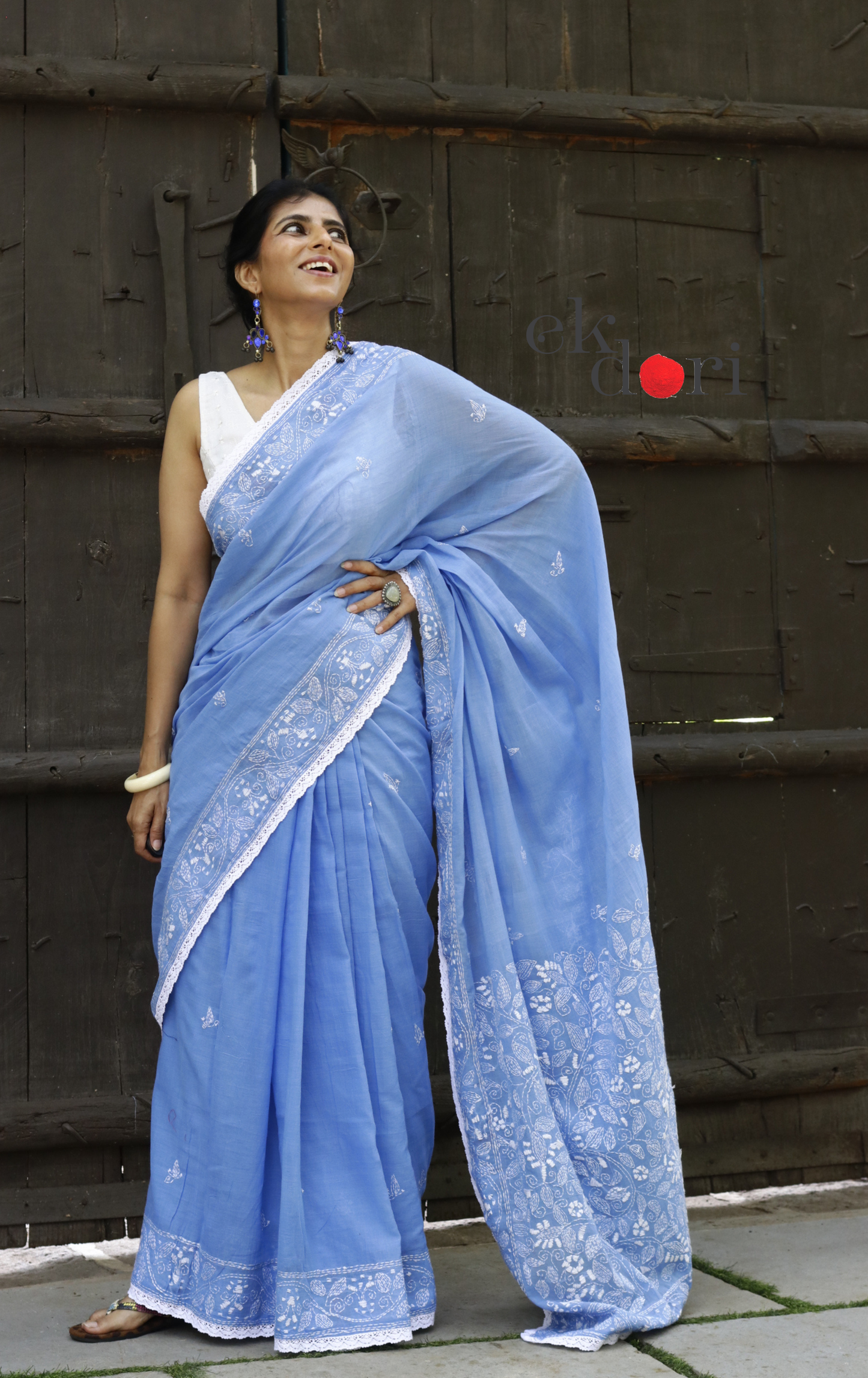 Mul Cotton Kantha Designer Saree Online : 'Neelambari' Summer Cotton Kantha Embroidered Saree