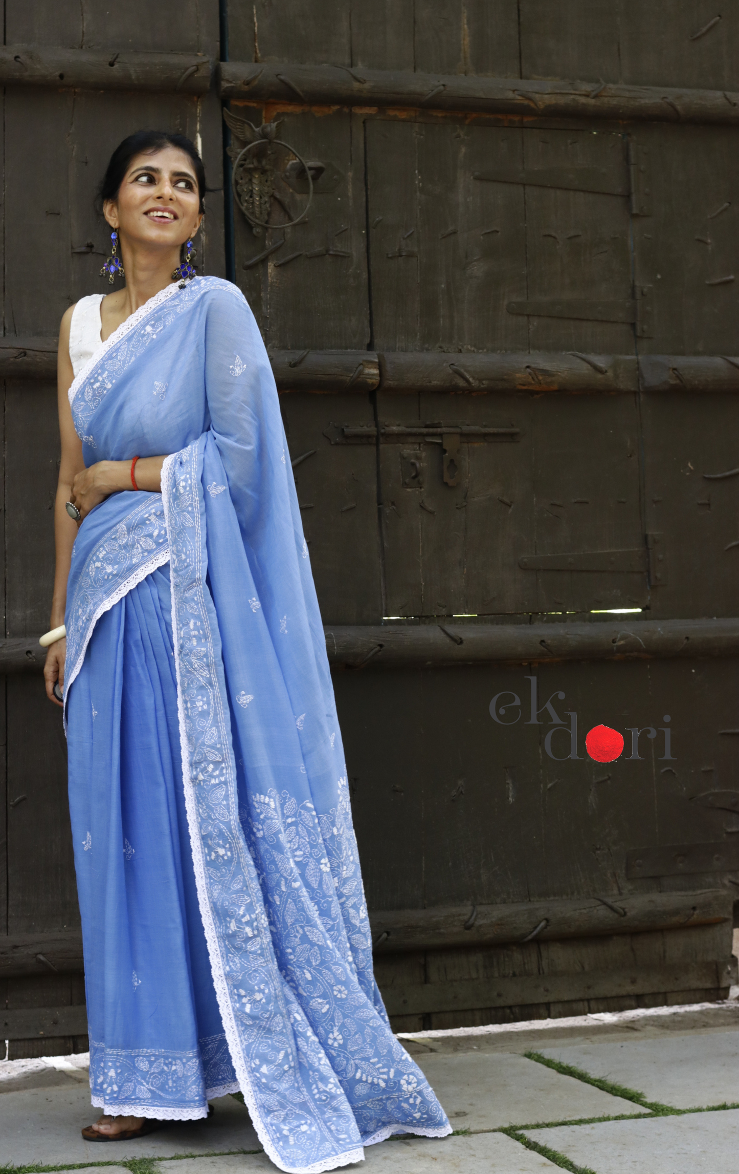 Mul Cotton Kantha Designer Saree Online : 'Neelambari' Summer Cotton Kantha Embroidered Saree