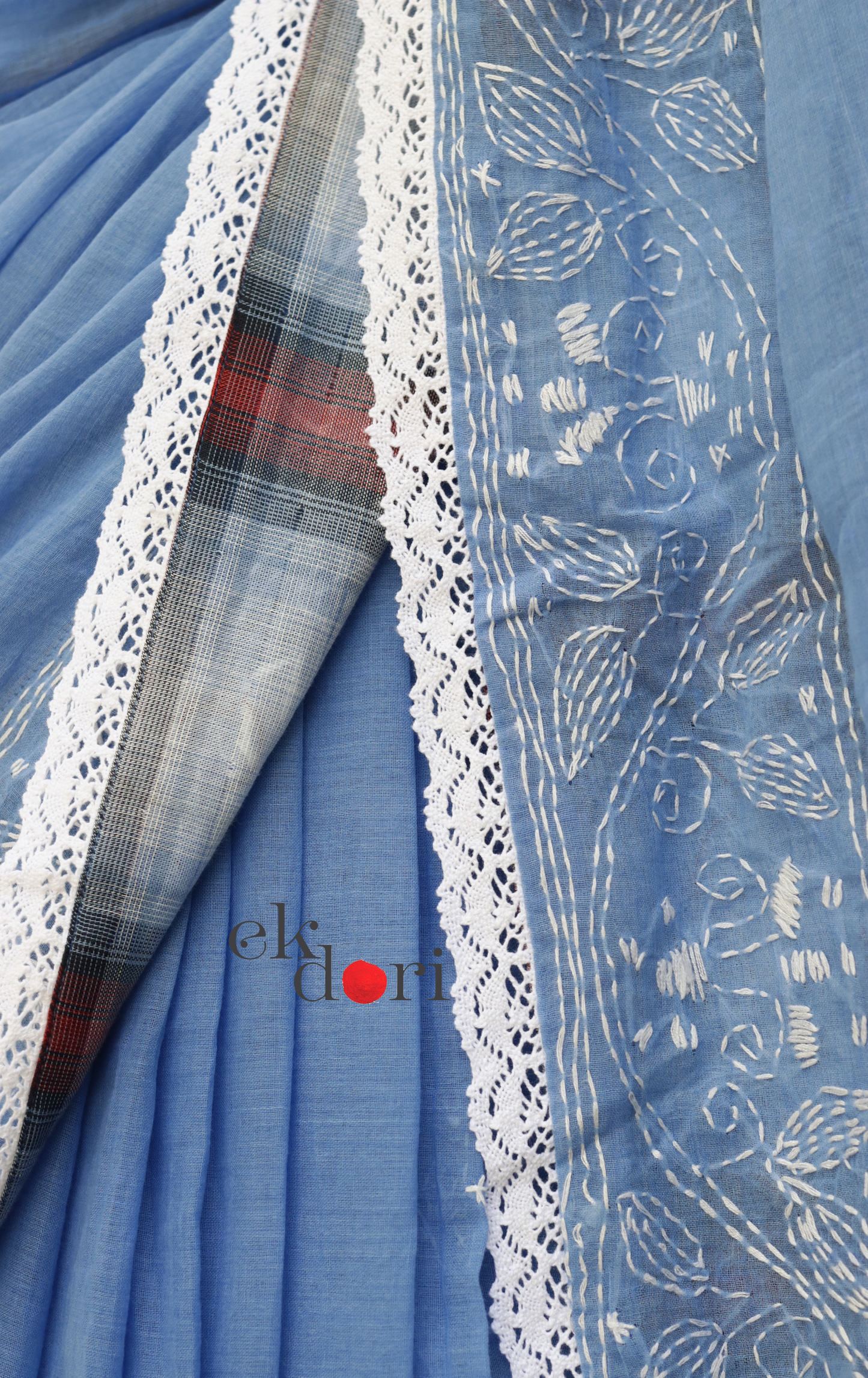 Mul Cotton Kantha Designer Saree Online : 'Neelambari' Summer Cotton Kantha Embroidered Saree