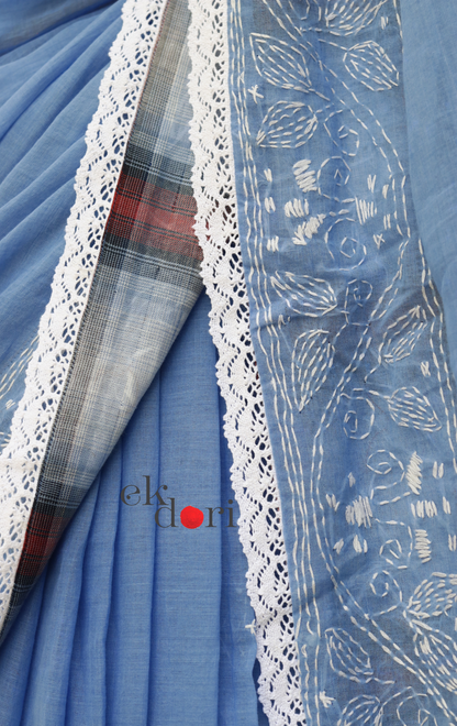 Mul Cotton Kantha Designer Saree Online : 'Neelambari' Summer Cotton Kantha Embroidered Saree