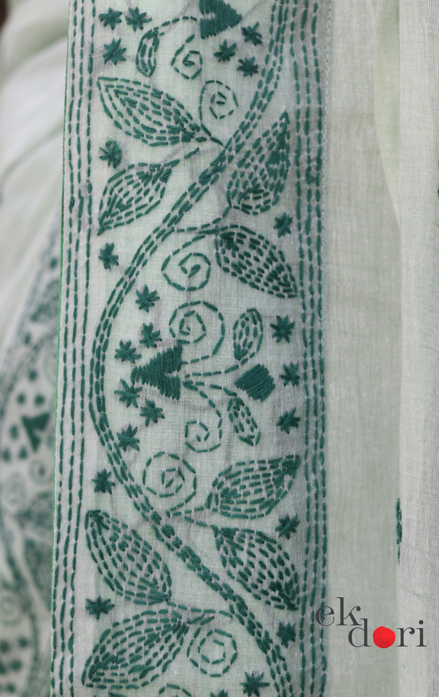 Mul Cotton Kantha Designer Saree Online : 'Aam Panna' Summer Cotton Kantha Embroidered Saree