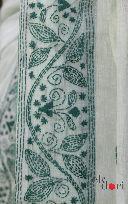 Mul Cotton Kantha Designer Saree Online : 'Aam Panna' Summer Cotton Kantha Embroidered Saree