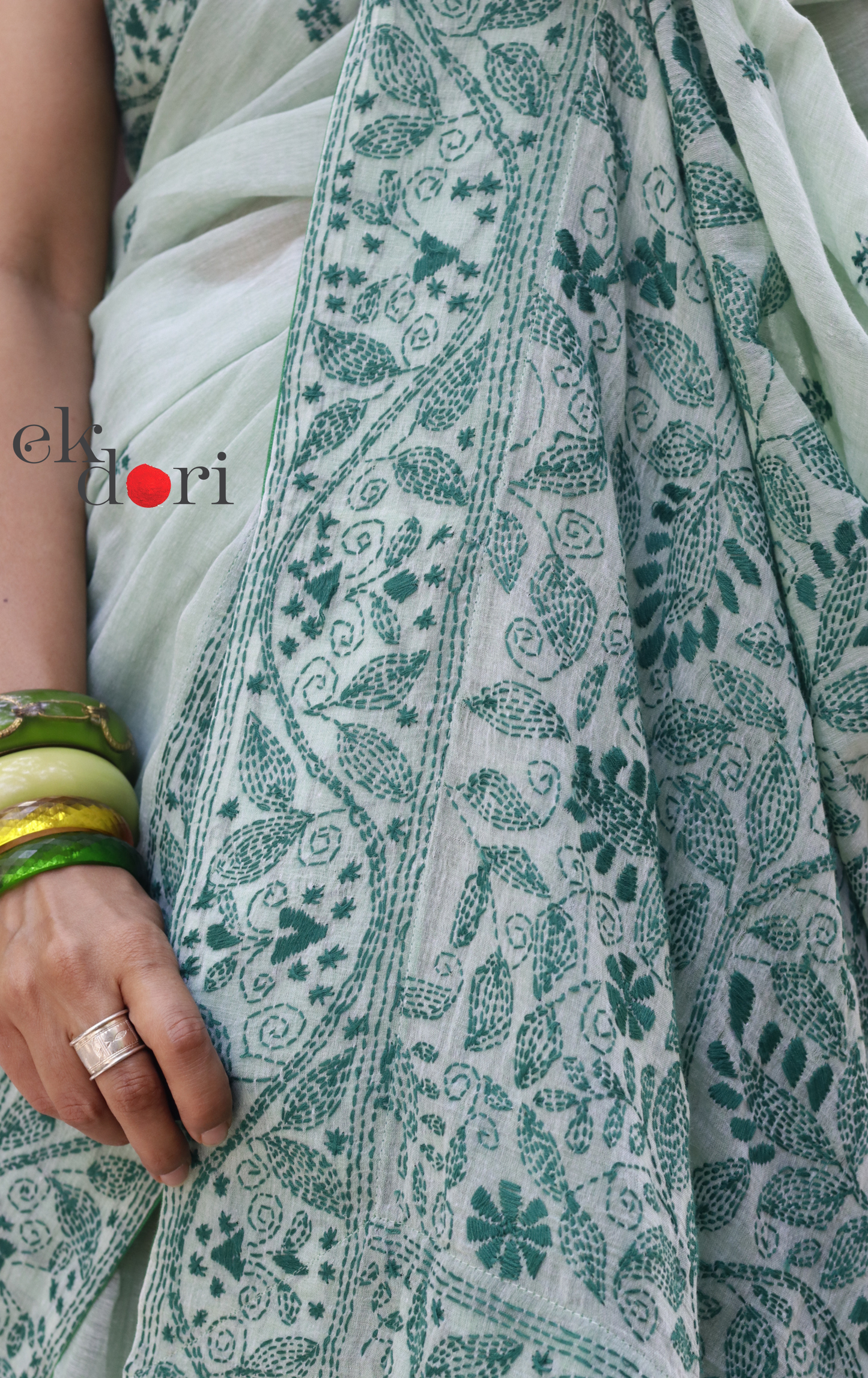 Mul Cotton Kantha Designer Saree Online : 'Aam Panna' Summer Cotton Kantha Embroidered Saree