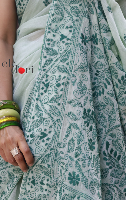 Mul Cotton Kantha Designer Saree Online : 'Aam Panna' Summer Cotton Kantha Embroidered Saree