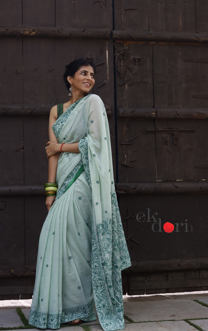 Mul Cotton Kantha Designer Saree Online : 'Aam Panna' Summer Cotton Kantha Embroidered Saree