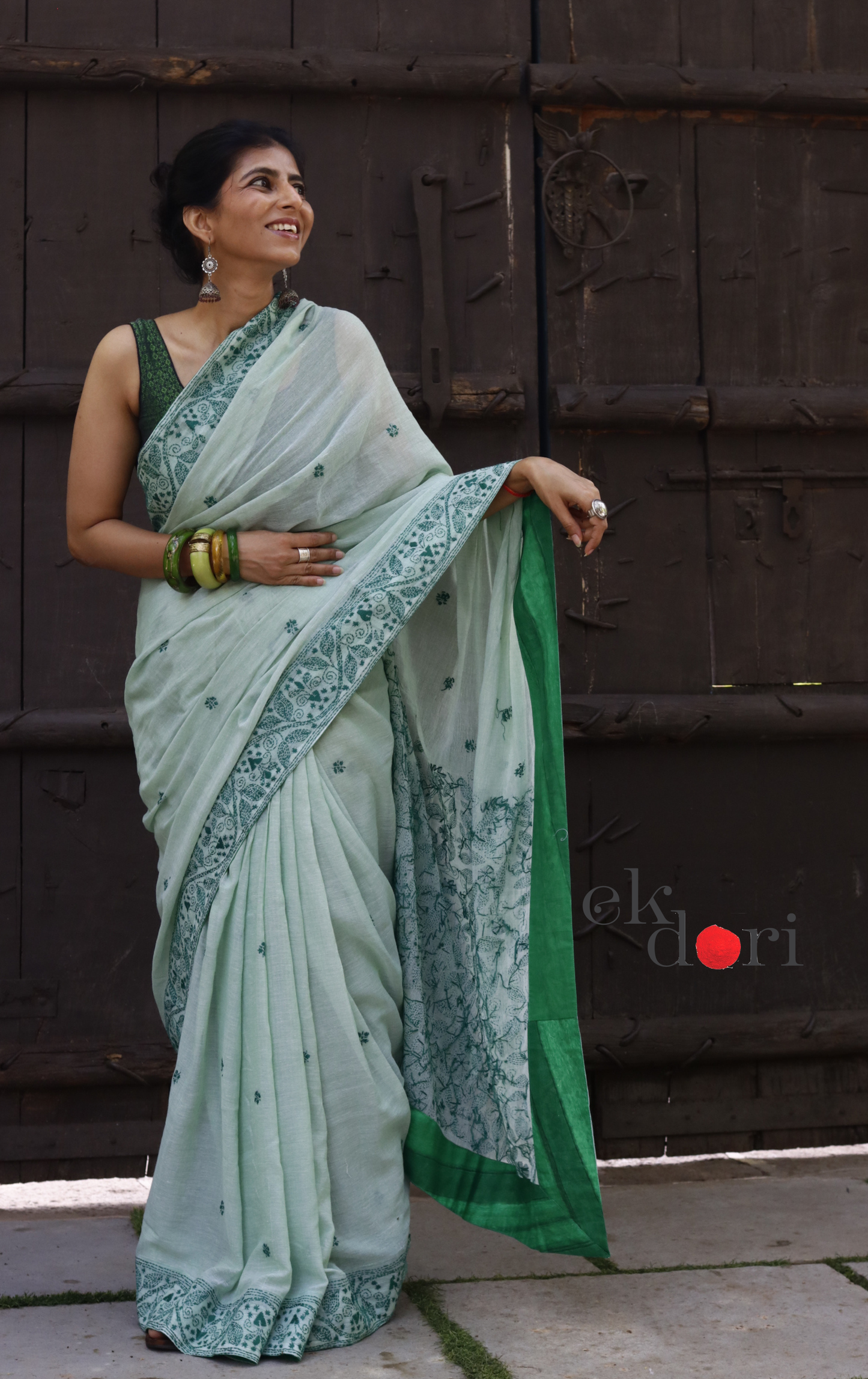 Mul Cotton Kantha Designer Saree Online : 'Aam Panna' Summer Cotton Kantha Embroidered Saree