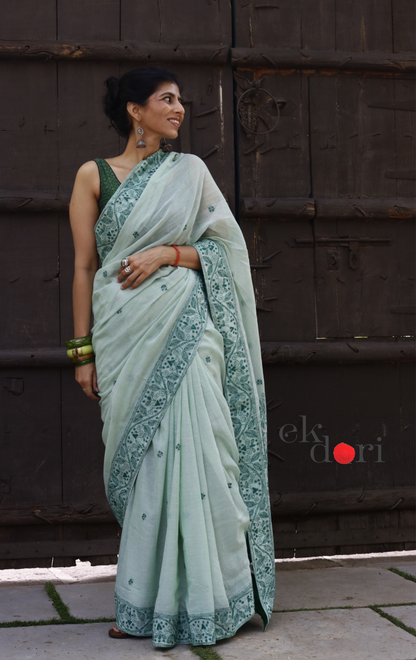 Mul Cotton Kantha Designer Saree Online : 'Aam Panna' Summer Cotton Kantha Embroidered Saree
