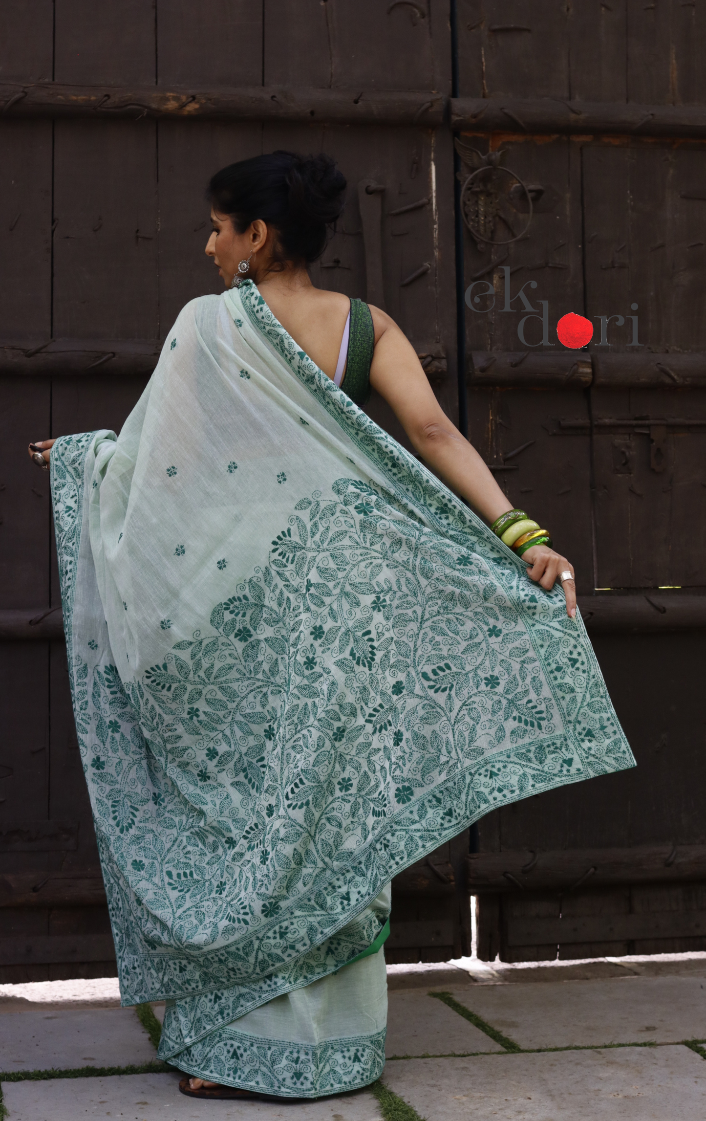 Mul Cotton Kantha Designer Saree Online : 'Aam Panna' Summer Cotton Kantha Embroidered Saree
