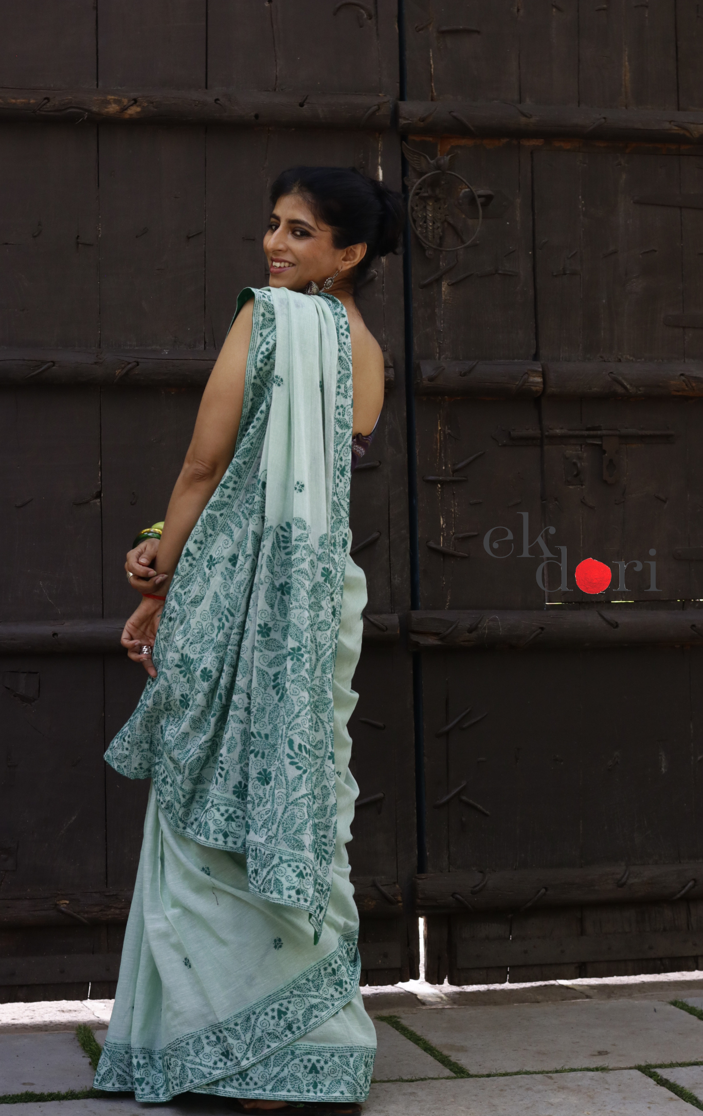 Mul Cotton Kantha Designer Saree Online : 'Aam Panna' Summer Cotton Kantha Embroidered Saree