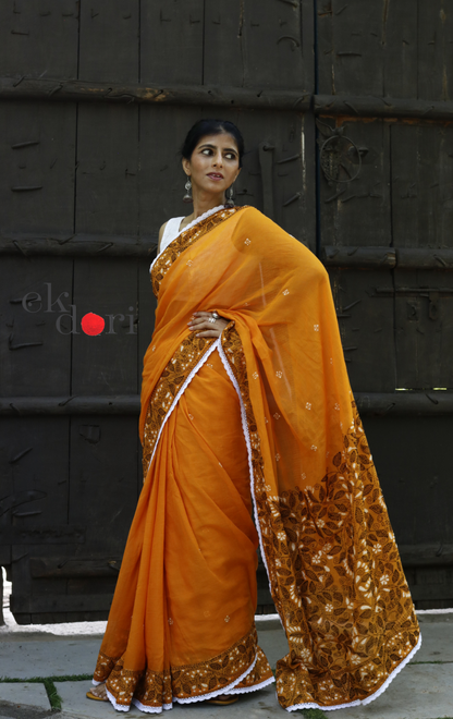 Mul Cotton Kantha Designer Saree Online : 'Aam Ras' Summer Cotton Kantha Embroidered Saree