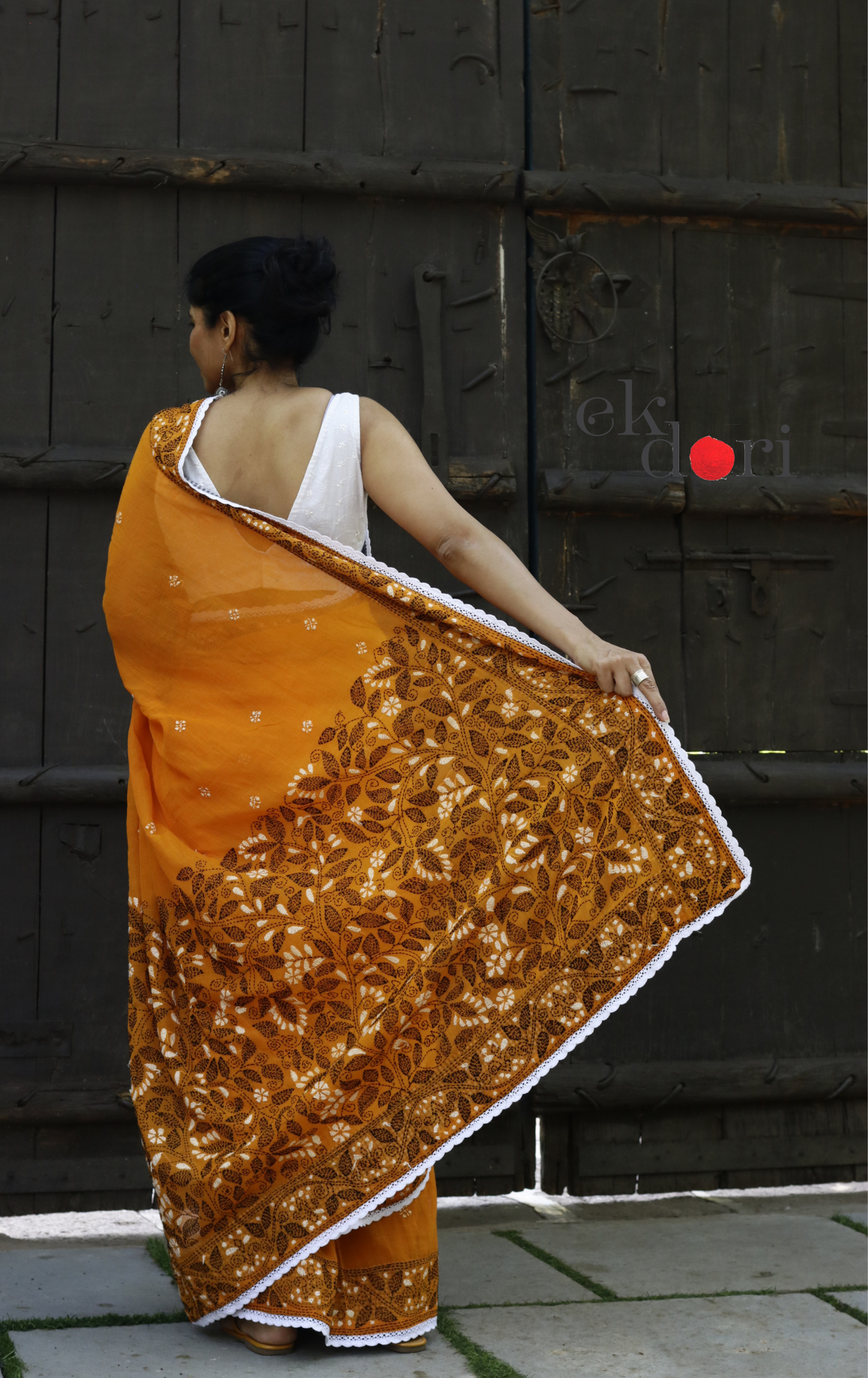 Mul Cotton Kantha Designer Saree Online : 'Aam Ras' Summer Cotton Kantha Embroidered Saree