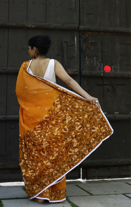 Mul Cotton Kantha Designer Saree Online : 'Aam Ras' Summer Cotton Kantha Embroidered Saree