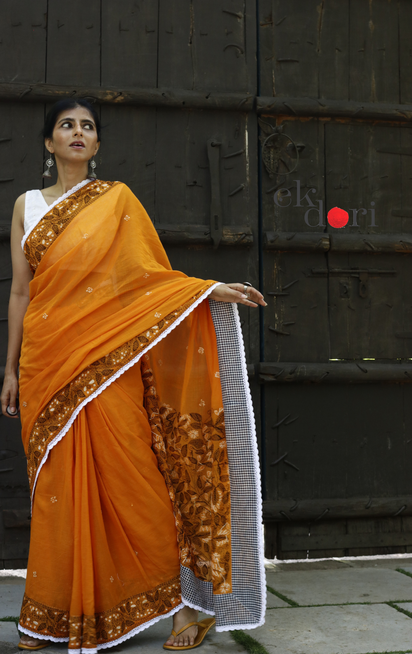 Mul Cotton Kantha Designer Saree Online : 'Aam Ras' Summer Cotton Kantha Embroidered Saree