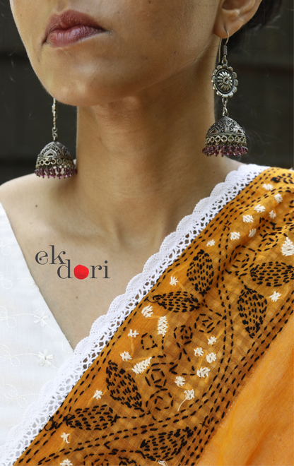 Mul Cotton Kantha Designer Saree Online : 'Aam Ras' Summer Cotton Kantha Embroidered Saree