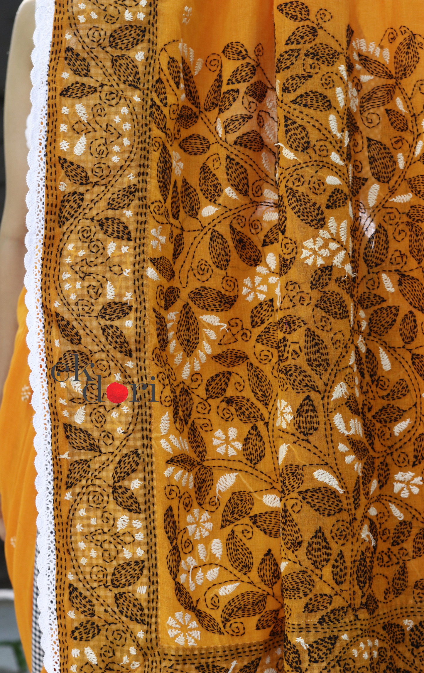 Mul Cotton Kantha Designer Saree Online : 'Aam Ras' Summer Cotton Kantha Embroidered Saree
