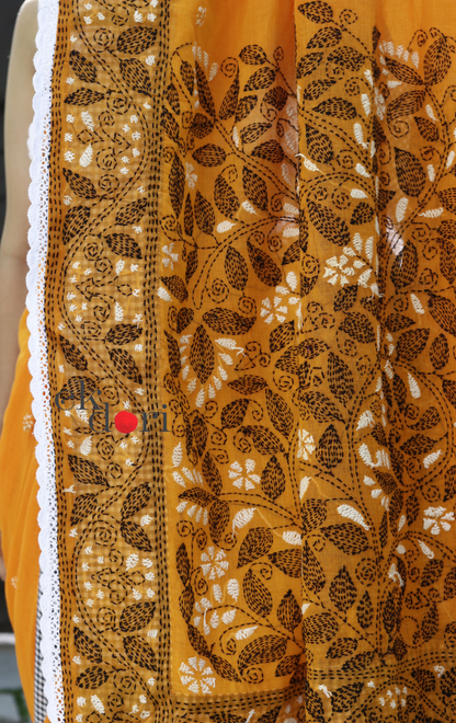 Mul Cotton Kantha Designer Saree Online : 'Aam Ras' Summer Cotton Kantha Embroidered Saree