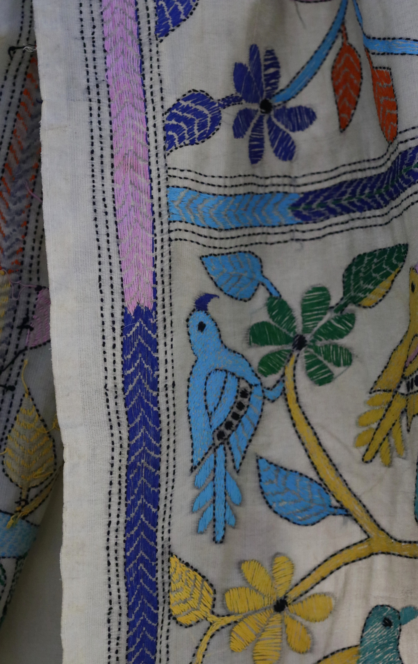 Buy Designer Saree Online : 'Birds Of A Feather' Silk Kantha Embroidered Silk Saree