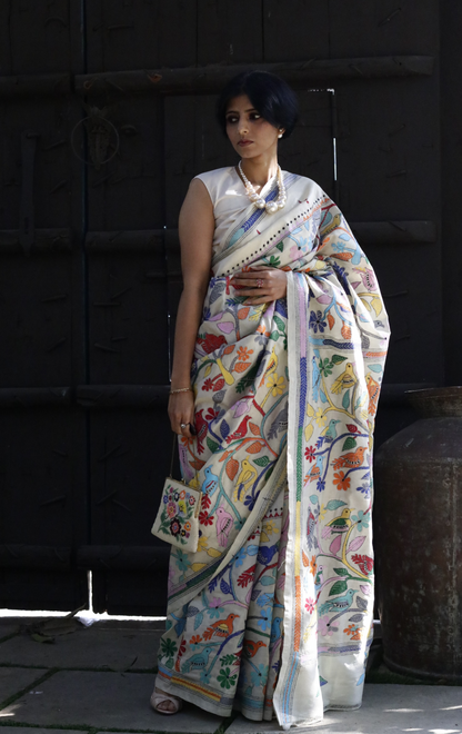 Buy Designer Saree Online : 'Birds Of A Feather' Silk Kantha Embroidered Silk Saree