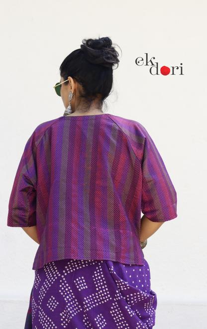 Handloom Khun Cotton Saree Blouse : Pink Purple Stripes Modern Khun Saree Blouse / Crop Top