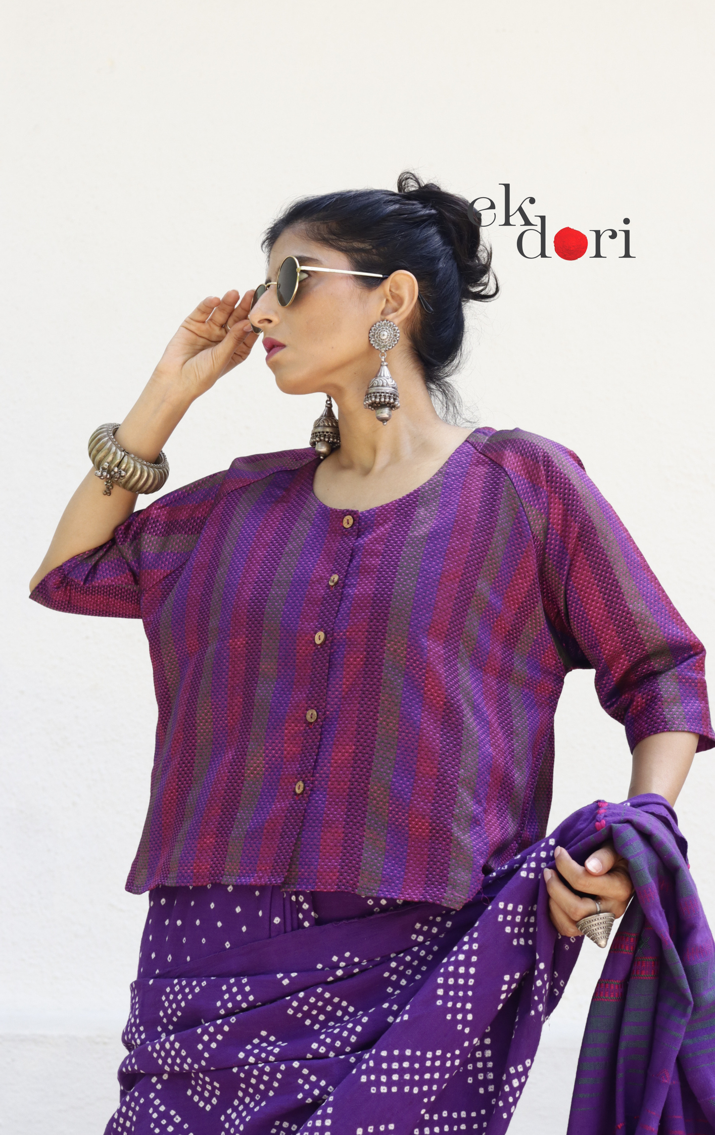 Handloom Khun Cotton Saree Blouse : Pink Purple Stripes Modern Khun Saree Blouse / Crop Top
