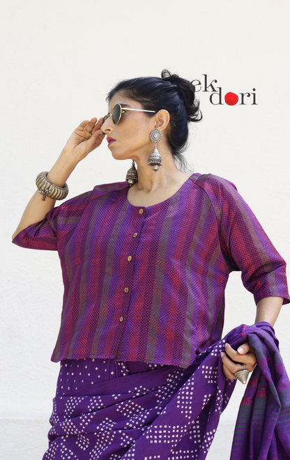 Handloom Khun Cotton Saree Blouse : Pink Purple Stripes Modern Khun Saree Blouse / Crop Top