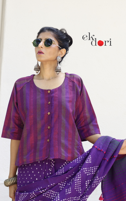 Handloom Khun Cotton Saree Blouse : Pink Purple Stripes Modern Khun Saree Blouse / Crop Top
