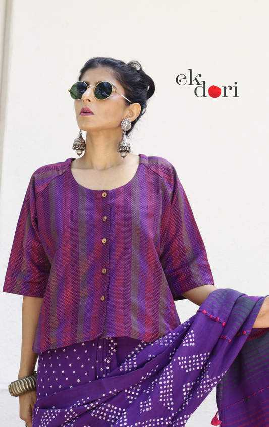 Handloom Khun Cotton Saree Blouse : Pink Purple Stripes Modern Khun Saree Blouse / Crop Top
