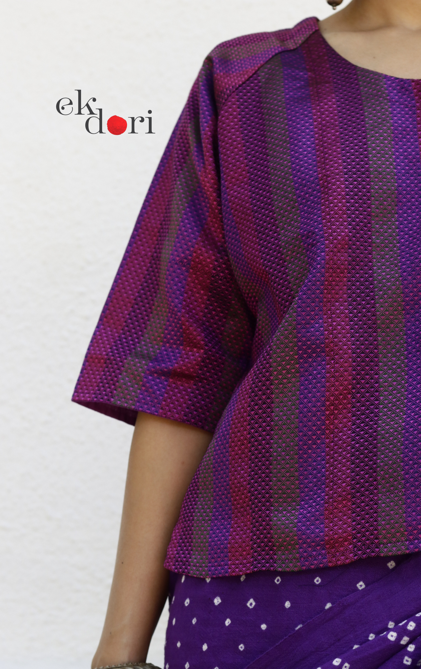 Handloom Khun Cotton Saree Blouse : Pink Purple Stripes Modern Khun Saree Blouse / Crop Top
