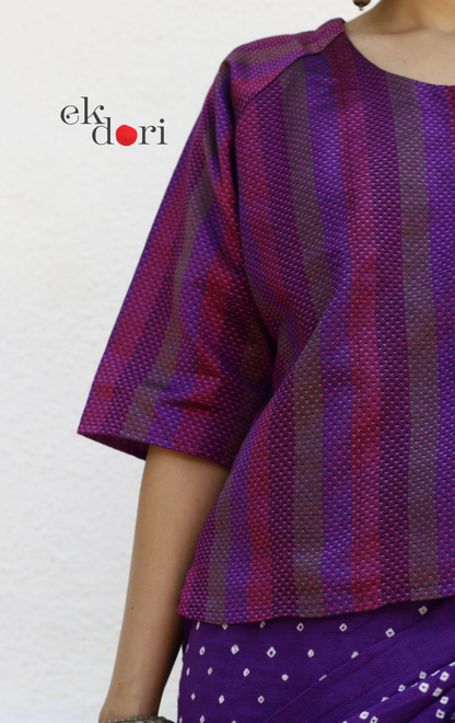 Handloom Khun Cotton Saree Blouse : Pink Purple Stripes Modern Khun Saree Blouse / Crop Top