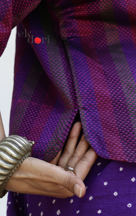 Handloom Khun Cotton Saree Blouse : Pink Purple Stripes Modern Khun Saree Blouse / Crop Top
