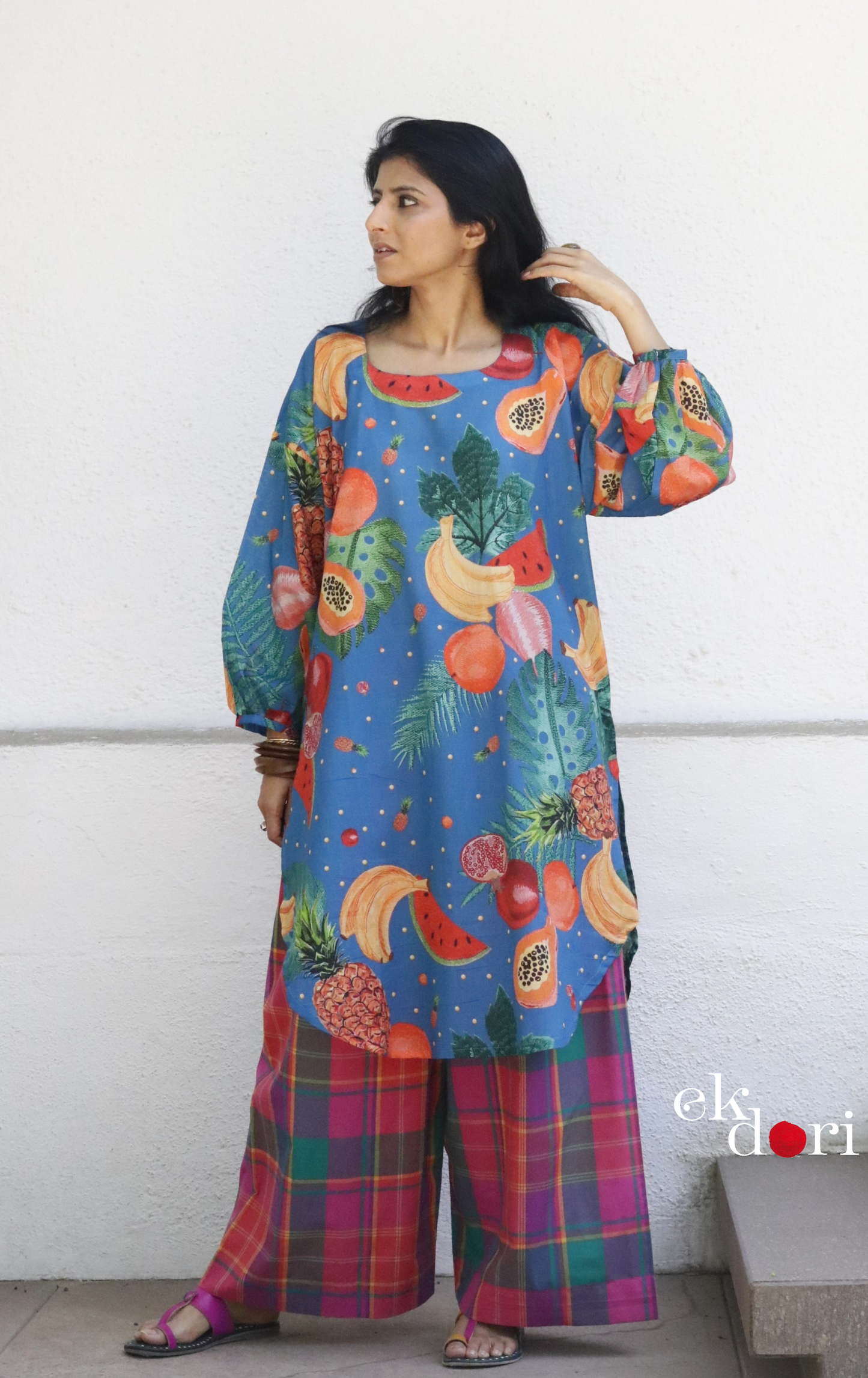 Cotton Kurta Co-Ord Set 'Fruit Punch' : Buy Palazzo Pant Kurta Cotton Co-ord Set In Bright Fun Print