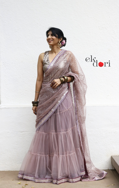 Statement Lehenga Saree 'Sunehri' Net & Sequin Designer Saree : Buy Designer Wedding Saree