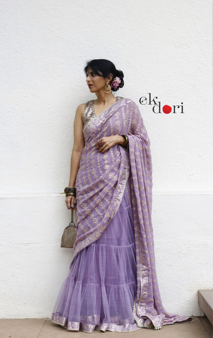 Statement Lehenga Saree 'Madhumita' Net & Sequin Designer Saree : Buy Designer Purple Wedding Saree