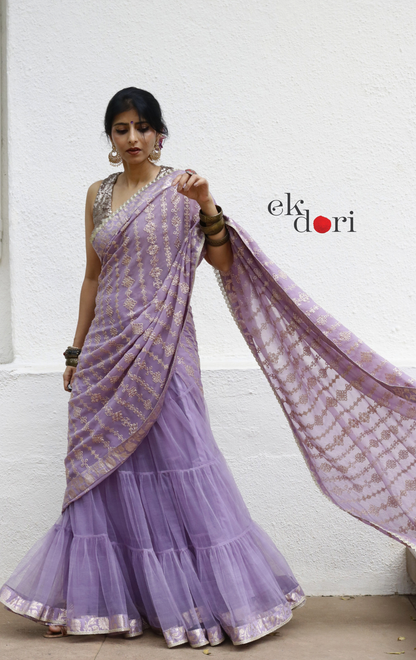Statement Lehenga Saree 'Madhumita' Net & Sequin Designer Saree : Buy Designer Purple Wedding Saree