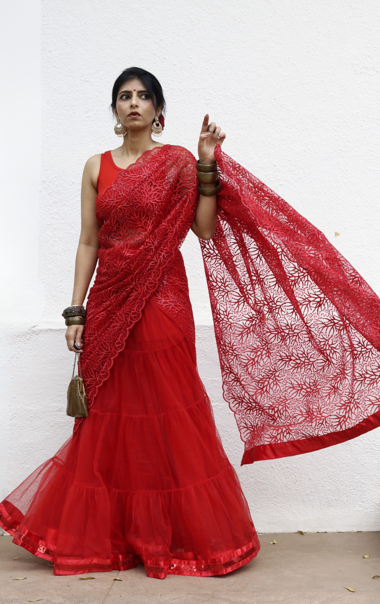 Statement Lehenga Saree 'Agni' Net & Sequin Designer Saree : Buy Designer Red Wedding Saree