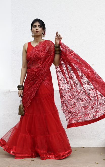 Statement Lehenga Saree 'Agni' Net & Sequin Designer Saree : Buy Designer Red Wedding Saree