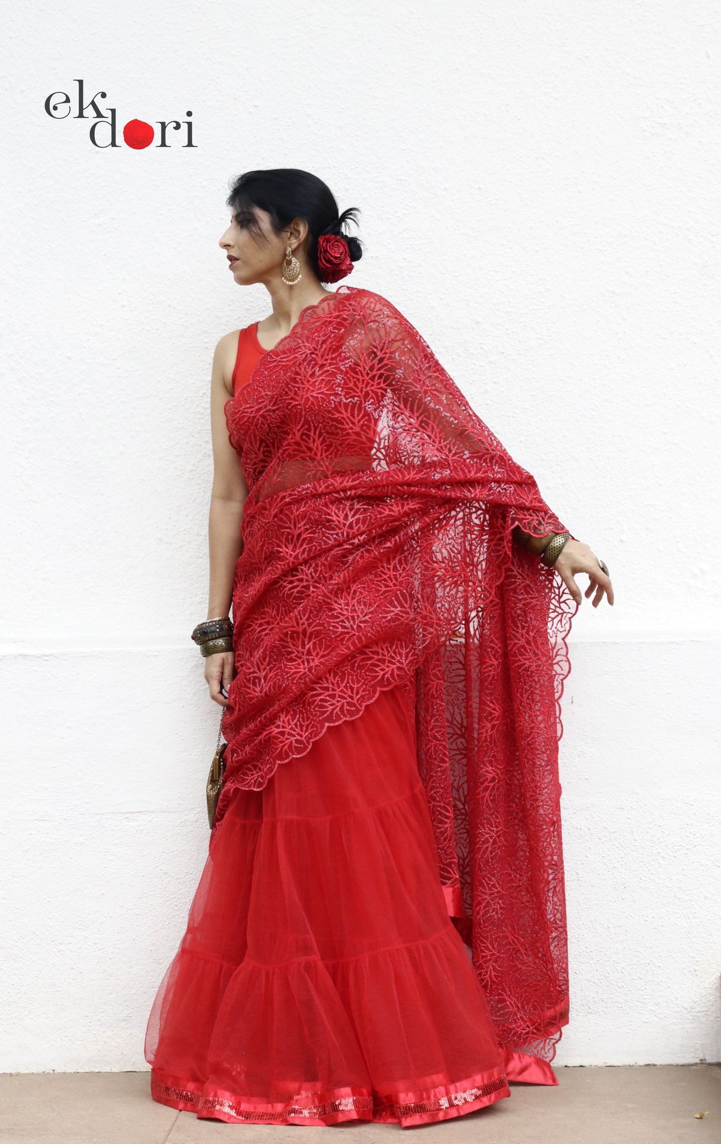 Statement Lehenga Saree 'Agni' Net & Sequin Designer Saree : Buy Designer Red Wedding Saree