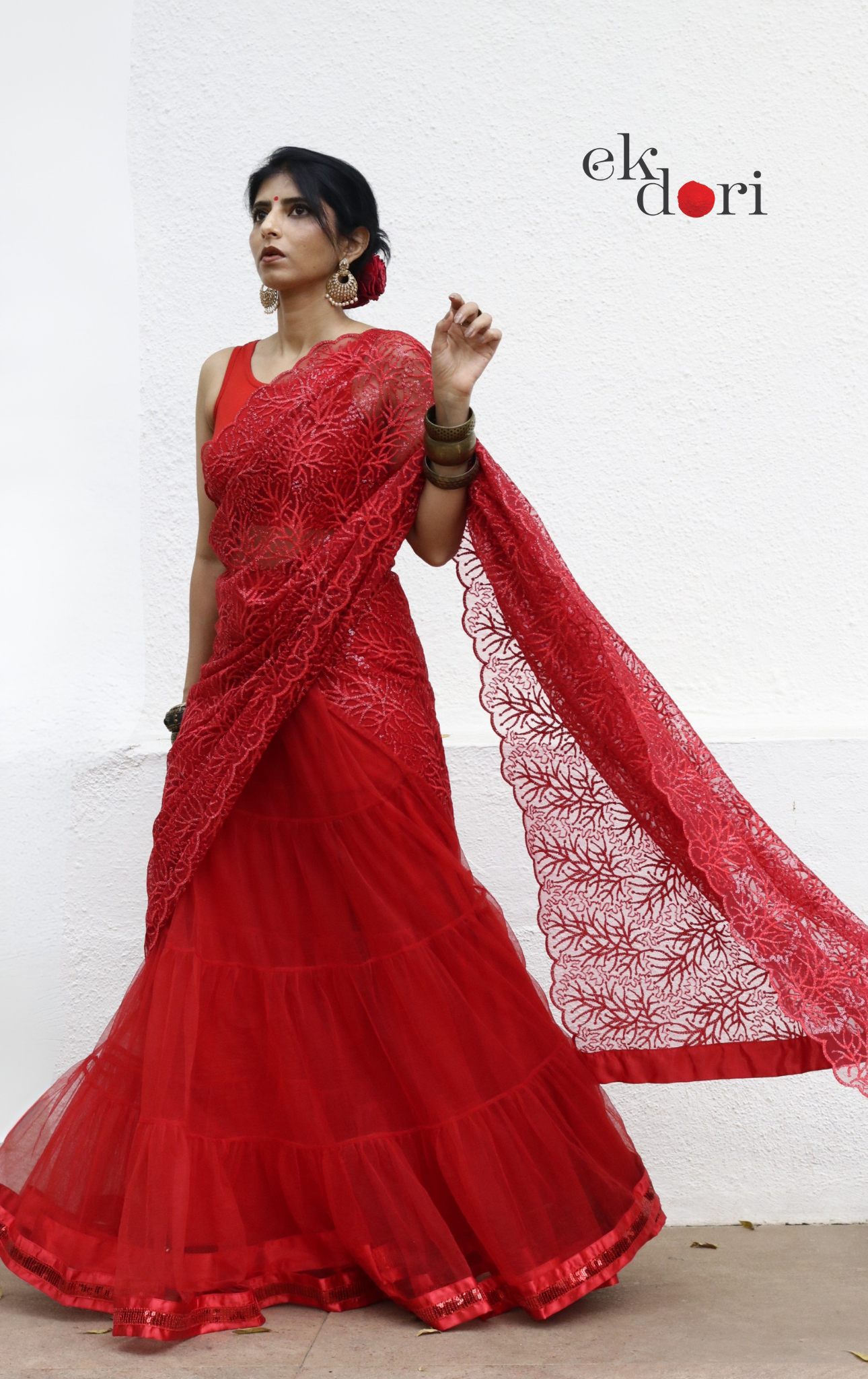 Statement Lehenga Saree 'Agni' Net & Sequin Designer Saree : Buy Designer Red Wedding Saree