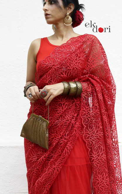 Statement Lehenga Saree 'Agni' Net & Sequin Designer Saree : Buy Designer Red Wedding Saree
